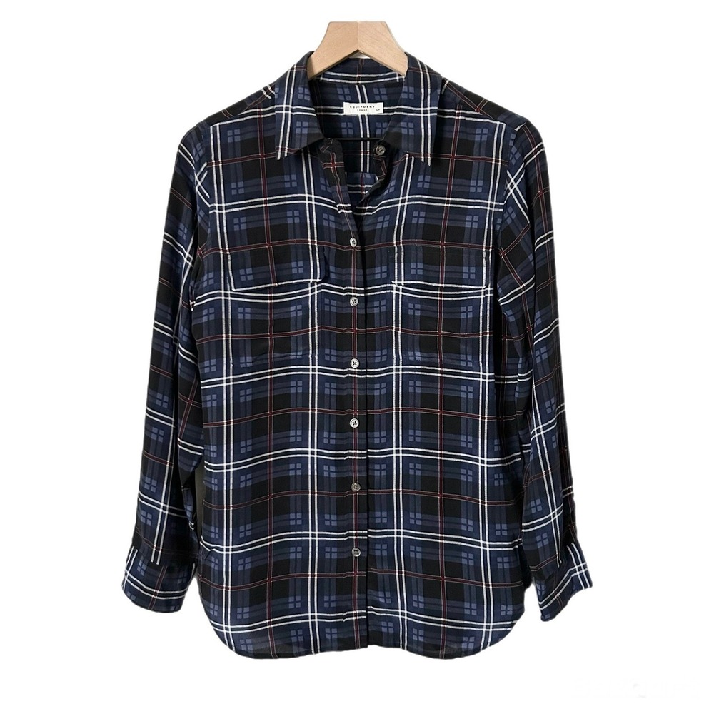 Equipment Navy Blue Plaid 100% Silk Button Down Shirt Blouse Size Small